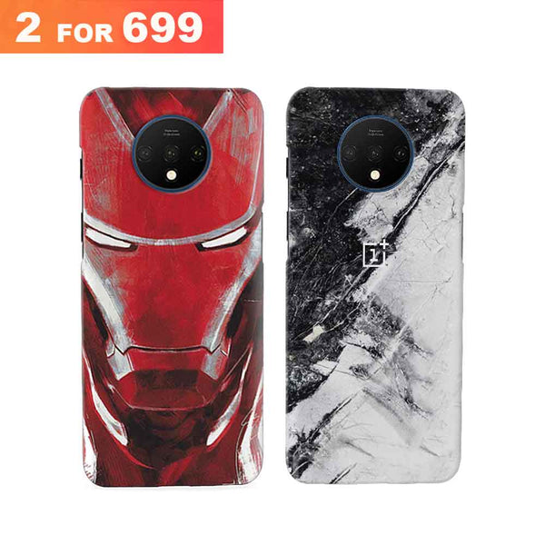 Combo Offer On Iron Man And Marble Pattern Mobile Case For Oneplus 7T ( Pack Of 2 )