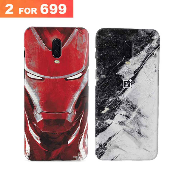 Combo Offer On Iron Man And Marble Pattern Mobile Case For Oneplus 6T ( Pack Of 2 )