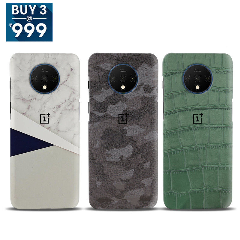 Combo Offer On Marble And Blue, Camo And Green Boxes Pattern Mobile Case For Oneplus 7T ( Pack Of 3 )
