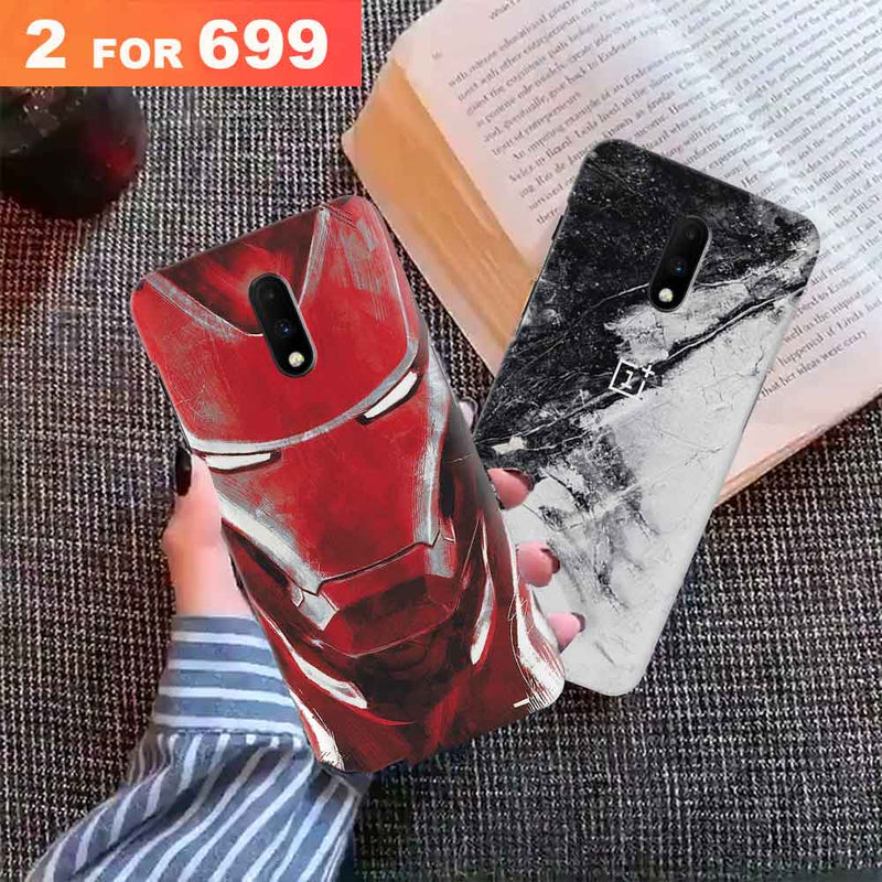 Combo Offer On Iron Man And Marble Pattern Mobile Case For Oneplus 7 ( Pack Of 2 )