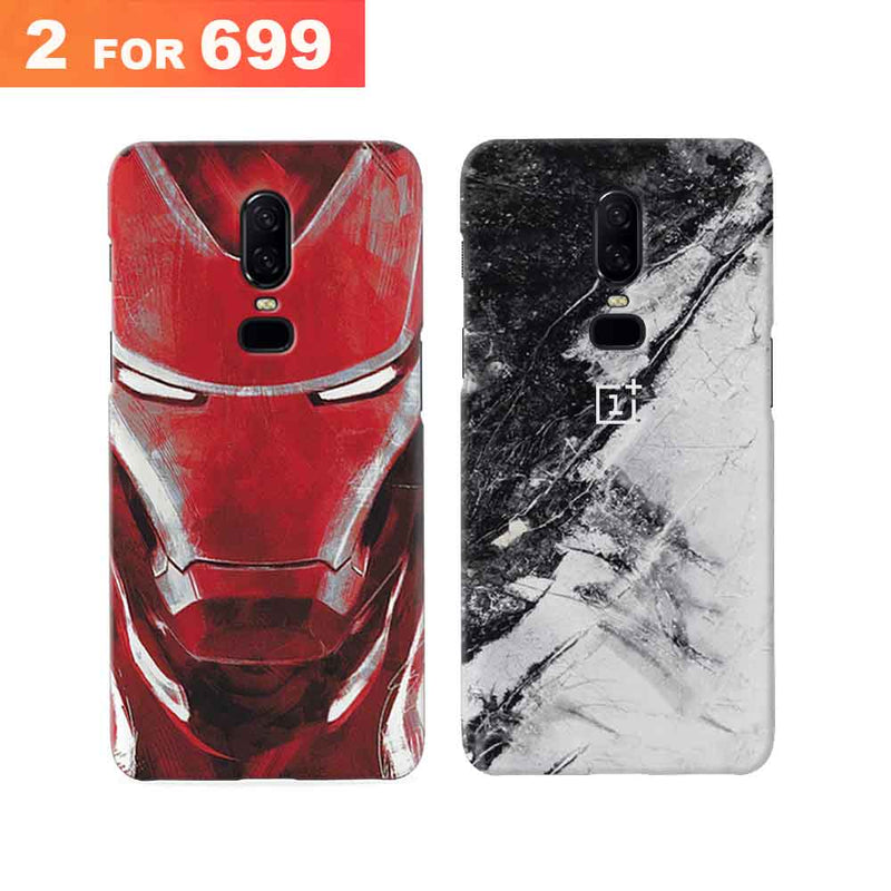 Combo Offer On Iron Man And Marble Pattern Mobile Case For Oneplus 6 ( Pack Of 2 )