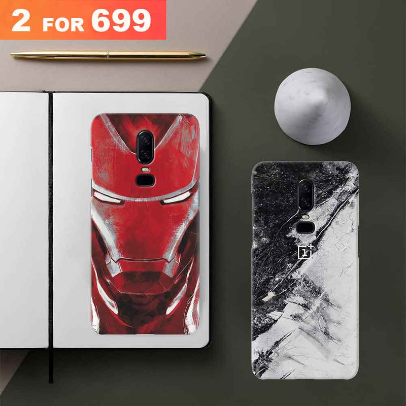 Combo Offer On Iron Man And Marble Pattern Mobile Case For Oneplus 6 ( Pack Of 2 )