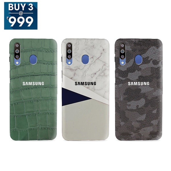 Combo Offer On Marble And Blue, Camo And Green Boxes Pattern Mobile Case For Galaxy M30 ( Pack Of 3 )