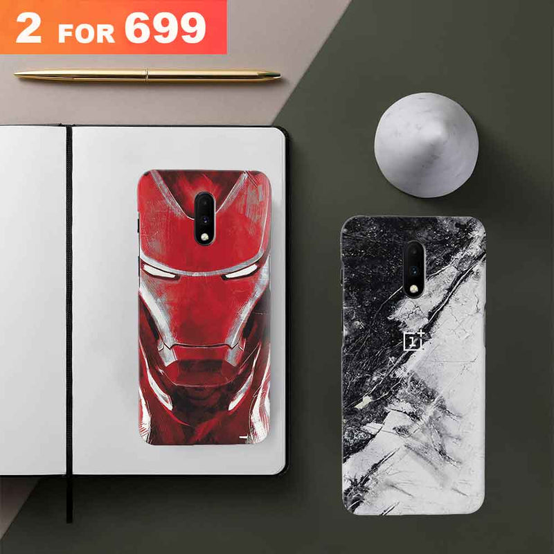Combo Offer On Iron Man And Marble Pattern Mobile Case For Oneplus 7 ( Pack Of 2 )