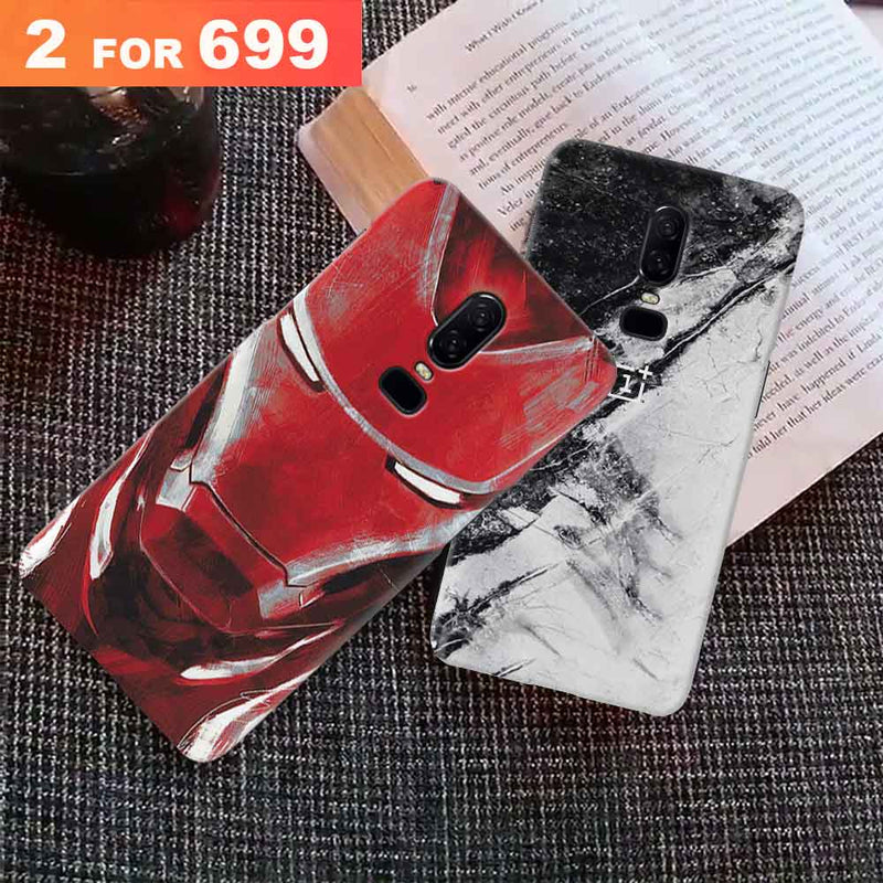 Combo Offer On Iron Man And Marble Pattern Mobile Case For Oneplus 6 ( Pack Of 2 )
