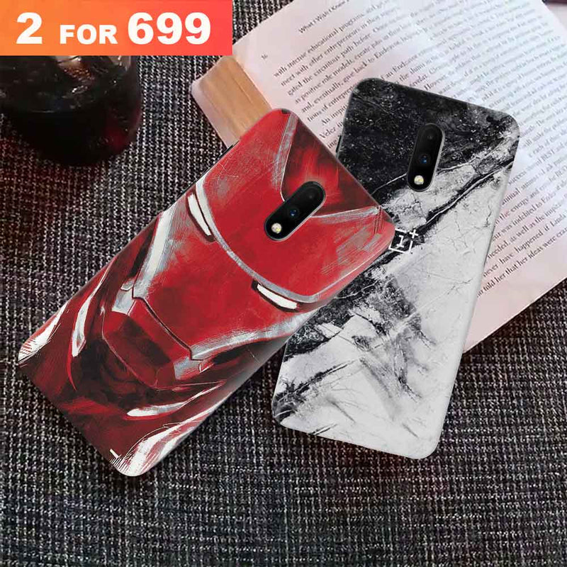 Combo Offer On Iron Man And Marble Pattern Mobile Case For Oneplus 7 ( Pack Of 2 )